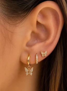 ✨️ Trio Brincos Argolas Click Pingente Borboleta Cravejado em Zircônias Banhado a Ouro 18K ou Prata 925