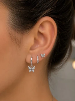 ✨️ Trio Brincos Argolas Click Pingente Borboleta Cravejado em Zircônias Banhado a Ouro 18K ou Prata 925