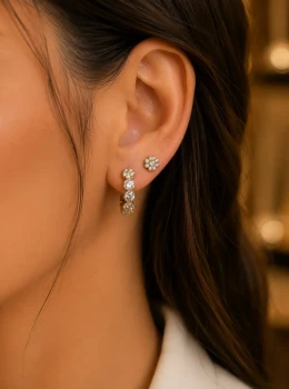 ✨️ Brinco Dois Furos Argolinha Flores Cravejadas em Zircônias Banhado a Ouro 18K