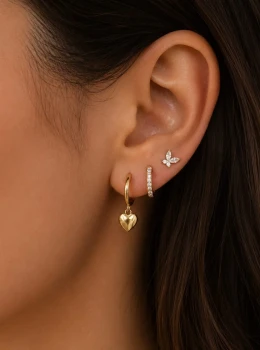 ✨️ Trio de Brincos com Zircônias e Pingente em Formato Coração / Borboleta Banhado a Ouro 18K ou Prata 925
