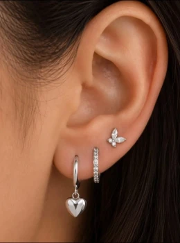 ✨️ Trio de Brincos com Zircônias e Pingente em Formato Coração / Borboleta Banhado a Ouro 18K ou Prata 925