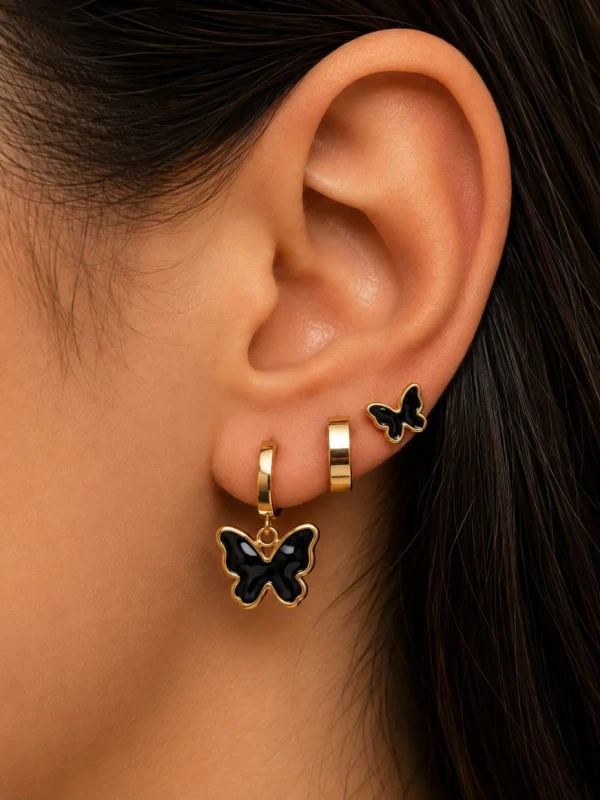 ✨️ Trio de Brincos Argola Pingente Borboleta Madrepérola em Aço Inox Dourado