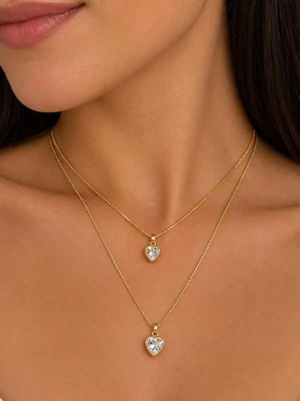 ✨️ Colar Duplo Coração Zircônia Banhado a Ouro 18K