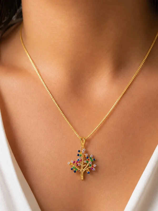 ✨️ Colar Árvore da Vida com Zircônias Coloridas Cravejadas Banhado a Ouro 18K
