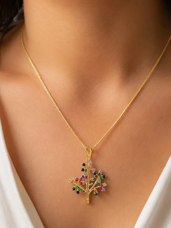 ✨️ Colar Árvore da Vida com Zircônias Coloridas Cravejadas Banhado a Ouro 18K