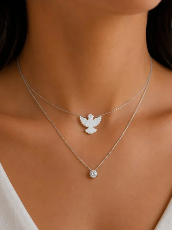 ✨️ Conjunto Colar Fio Invisível Pingente Divino Espírito Santo e Ponto De Luz Banhado a Prata 925