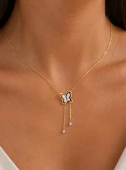 ✨️ Colar Pingentes Borboletas e Zircônias com Madrepérola em Aço Inox Dourado