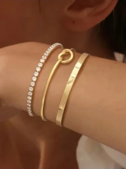 ✨️ Conjunto Braceletes Nó Delicado + Bracelete Feminino Liso + Pulseira Cravejada de Zircônia Banhadas a Ouro 18k