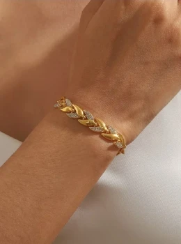 ✨️ Pulseira Trançada Folhas com Strass Banhada Ouro 18K