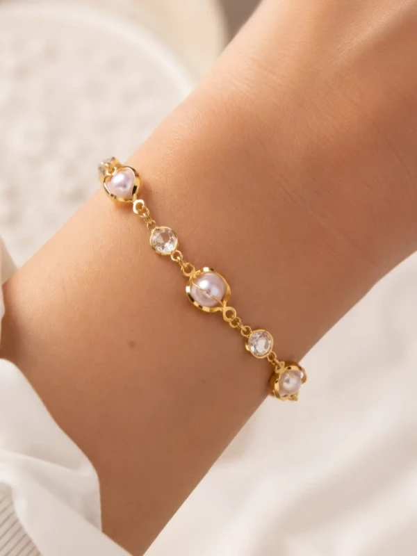✨️ Pulseira Pérola e Zircônias Banhada a Ouro 18K