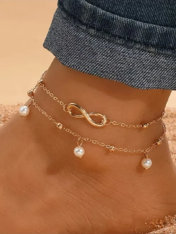 ✨️ Tornozeleira Dupla Infinito e Pérolas / Esferas Banhada a Ouro 18k