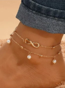 ✨️ Tornozeleira Dupla Infinito e Pérolas / Esferas Banhada a Ouro 18k