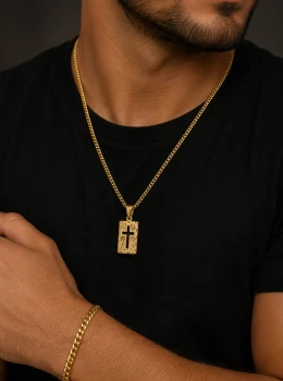 ✨️ Conjunto Colar com Pingente Cruz e Pulseira em Aço Inoxidável Dourado
