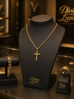 ✨️ Conjunto Colar com Pingente Cruz, Pulseira e Anel em Aço Inoxidável Dourado