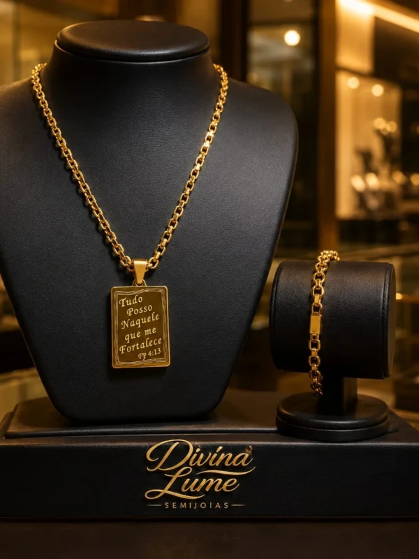 ✨️ Conjunto Colar Masculino e Pulseira Aço Inoxidável Dourado - Tudo Posso Filipenses 4:13