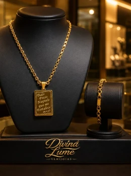 ✨️ Conjunto Colar Masculino e Pulseira Aço Inoxidável Dourado - Tudo Posso Filipenses 4:13