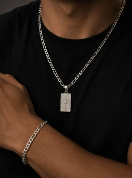 ✨️ Conjunto Colar e Pulseira Masculino Pingente Quadrado Fé Banhado a Prata 925