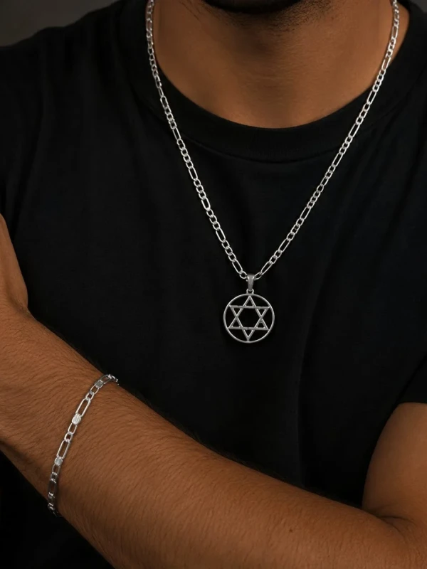 ✨️ Conjunto Colar e Pulseira Masculino Pingente Estrela de Davi Banhado a Prata 925