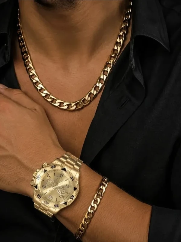 ✨️ Conjunto Relógio, Colar e Pulseira 6mm Aço Inoxidável Dourado
