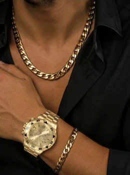 ✨️ Conjunto Relógio, Colar e Pulseira 6mm Aço Inoxidável Dourado