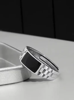 ✨️ Anel Masculino Ajustável Pedra Preta Onix Ágata Banhado a Prata 925