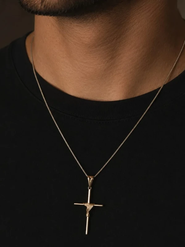 ✨️ Corrente Masculina Veneziana Pingente Cruz Palito Aço Inox Dourado