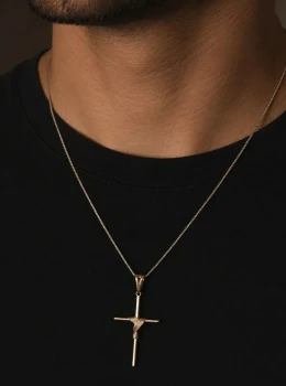 ✨️ Corrente Masculina Veneziana Pingente Cruz Palito Aço Inox Dourado