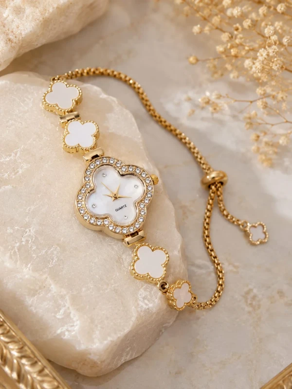 ✨️ Relógio Trevo Dourado Pulseira Ajustável