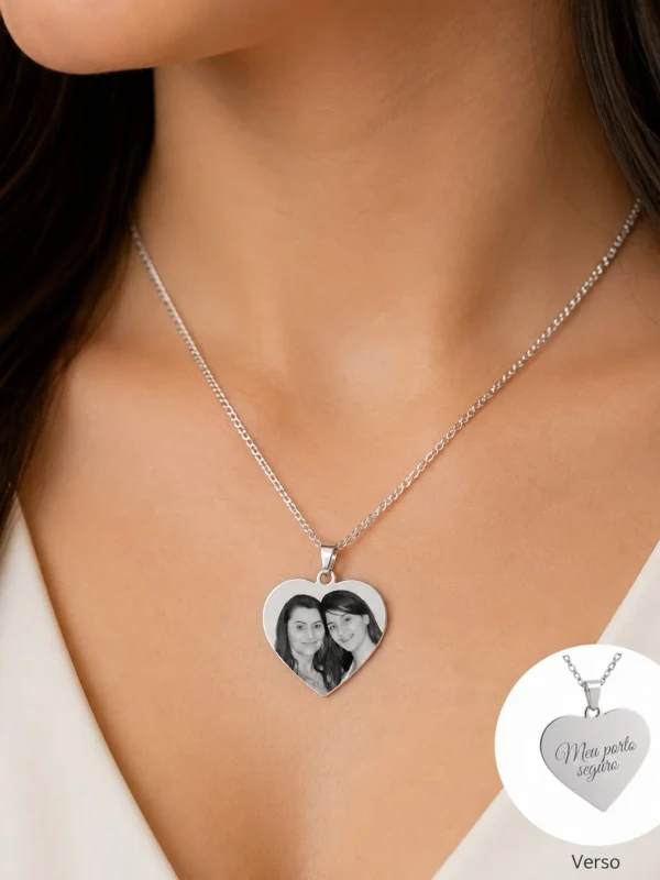 ✨️ Colar com Pingente de Coração Prata em Aço Inoxidável Personalizado a Laser Foto e Frase Frente e Verso
