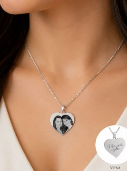 ✨️ Colar com Pingente de Coração Prata em Aço Inoxidável Personalizado a Laser Foto e Frase Frente e Verso
