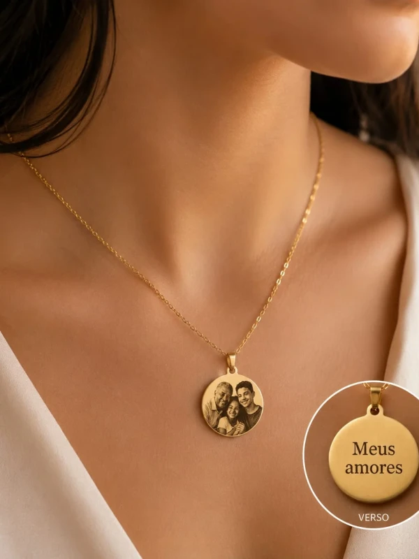 ✨️ Colar Pingente em Aço Inox Personalizado com Foto e Frase Gravação a Laser Frente e Verso