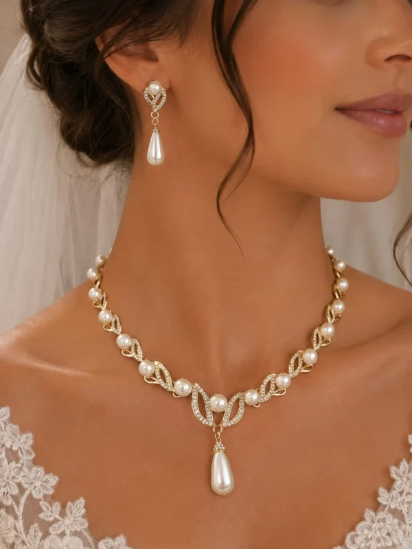 ✨️ Conjunto Colar e Brincos Pérola Gota Noiva Acabamento Dourado