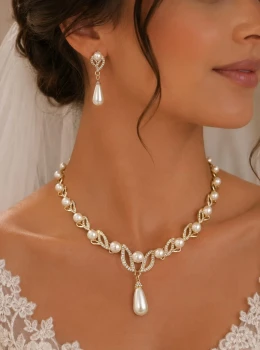 ✨️ Conjunto Colar e Brincos Pérola Gota Noiva Acabamento Dourado