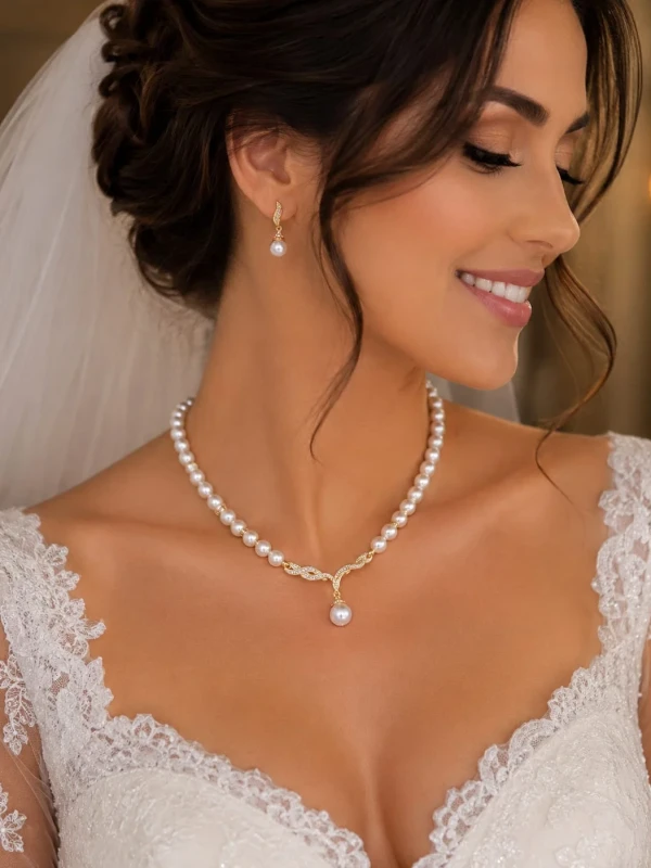 ✨️ Conjunto Colar e Brincos Pérola Delicado Pingente Strass