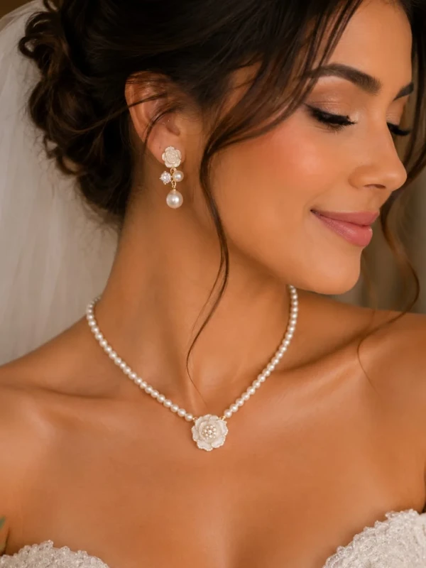 ✨️Conjunto Colar e Brincos Flor Branca Camélia Zircônias e Pérolas