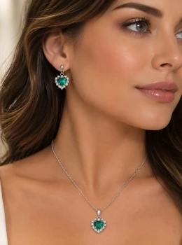 ✨️ Conjunto Colar e Brincos Coração Verde Cravejado em Zircônias Aço Inox Hipoalergênico