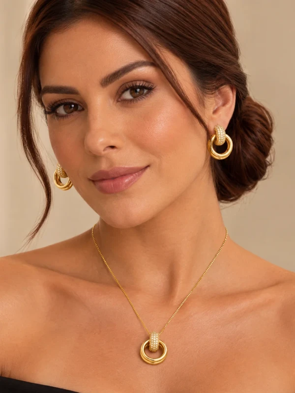 ✨️ Conjunto Colar e Brincos Argolas em Zircônias Banhado a Ouro 18K ou Prata 925
