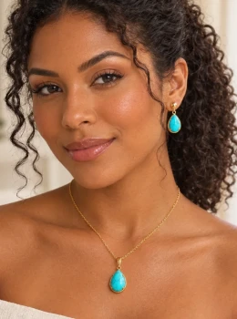 ✨️ Conjunto Colar e Brincos Pingente Gota Azul Turquesa Banhado a Ouro 18K
