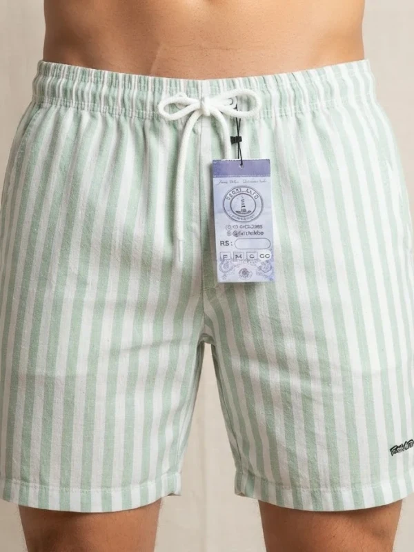 Bermuda Masculina Linho Fio Tinto LISTRA VERDE MENTA E BRANCO