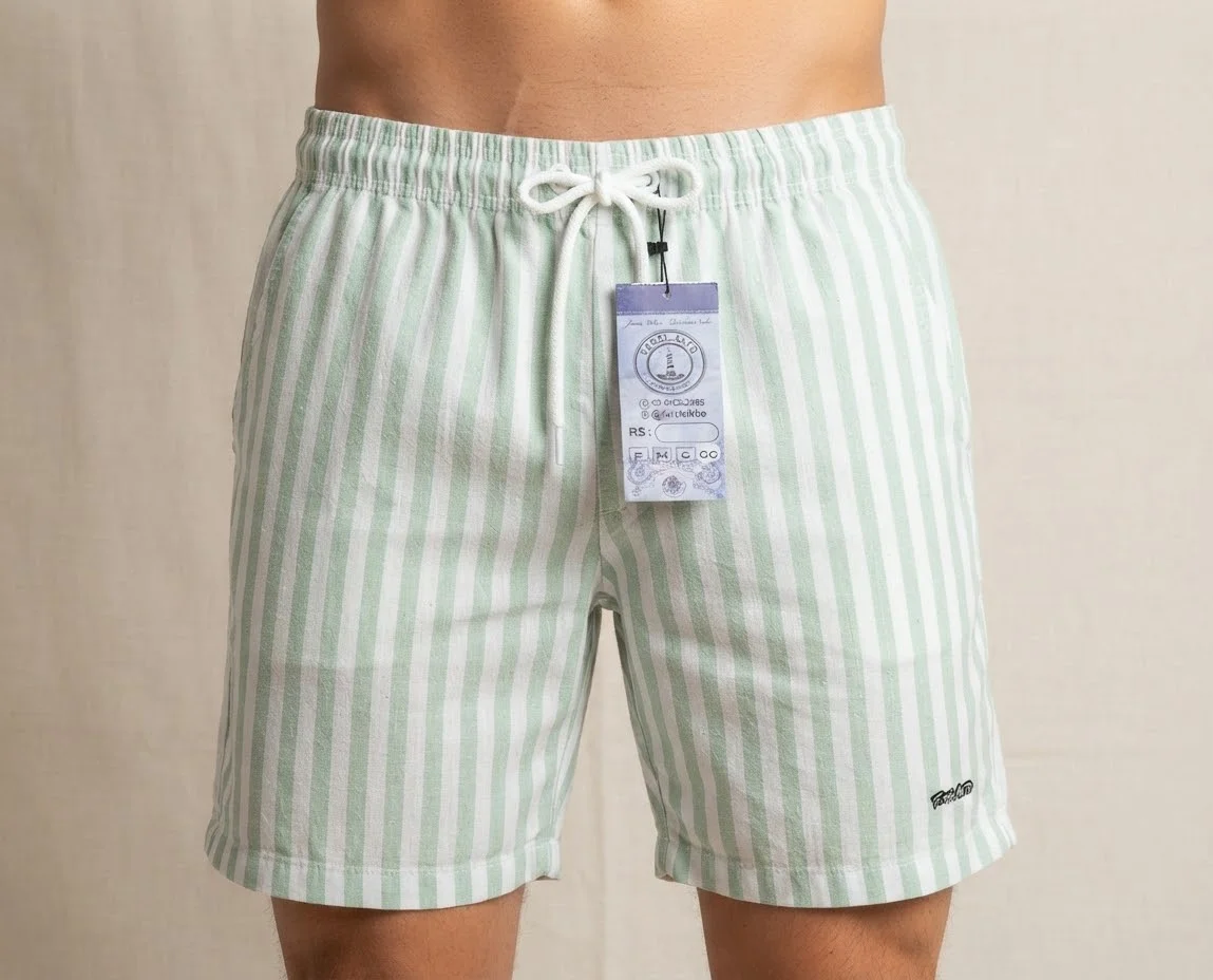 Bermuda Masculina Linho Fio Tinto LISTRA VERDE MENTA E BRANCO