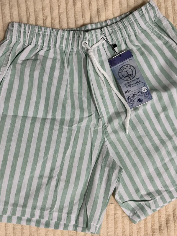 Bermuda Masculina Linho Fio Tinto LISTRA VERDE MENTA E BRANCO