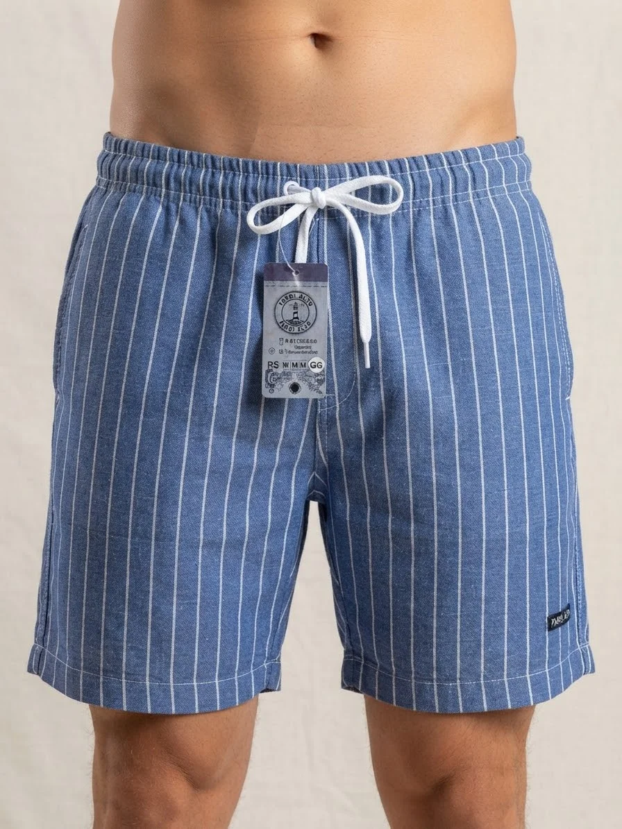 Bermuda Masculina Linho Fio Tinto LISTRA AZUL E BRANCO