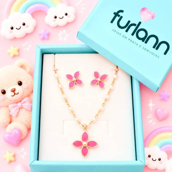 Conjunto infantil pérola com flor semijoia