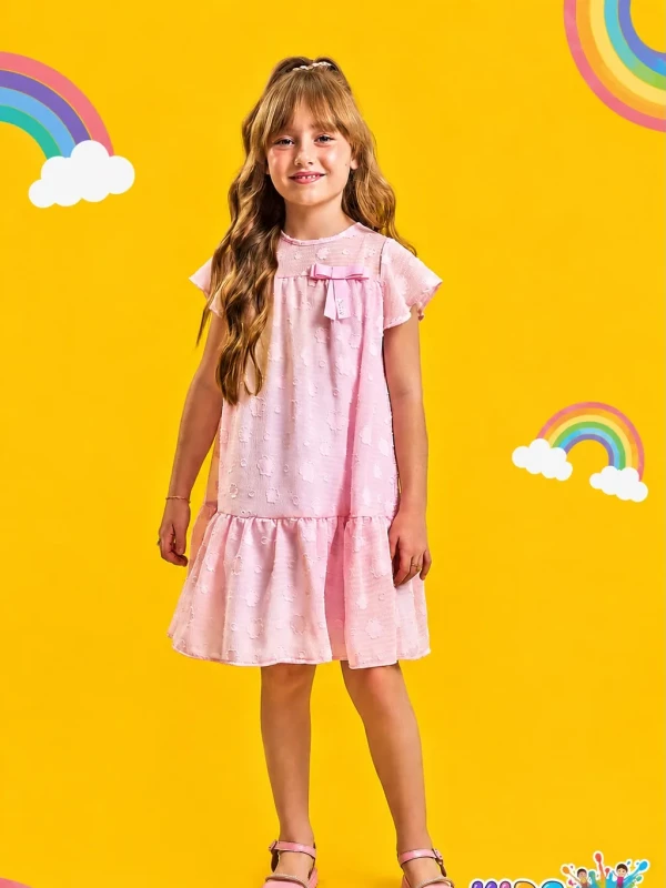Vestido infantil, tecido chifon bordado em flores rosa 96558