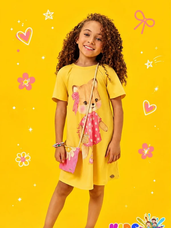 Vestido em meia malha, amarelo acompanha bolsa  94786