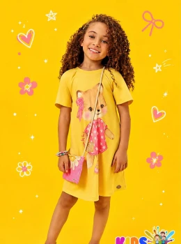 Vestido em meia malha, amarelo acompanha bolsa  94786