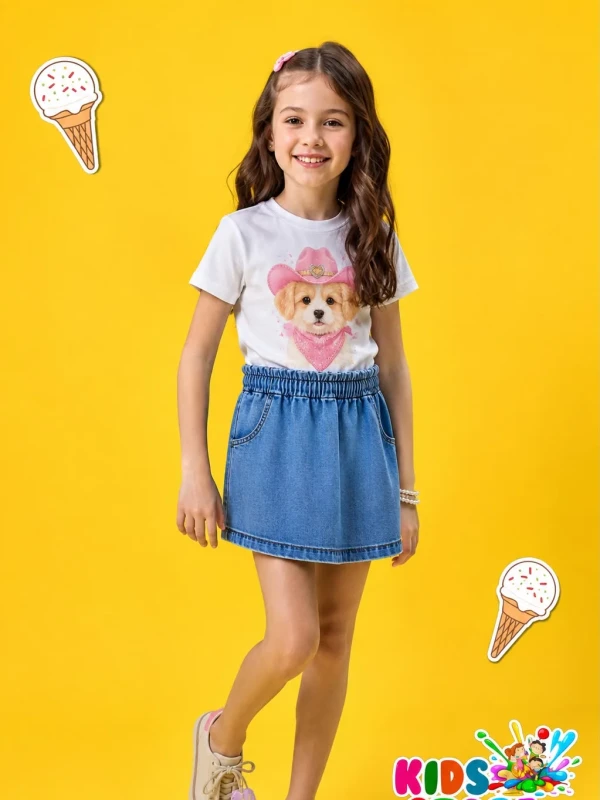 Conjunto feminino , blusa em meia malha e short saia jeans com elastano kukie 97132