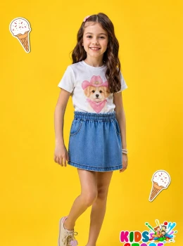 Conjunto feminino , blusa em meia malha e short saia jeans com elastano kukie 97132