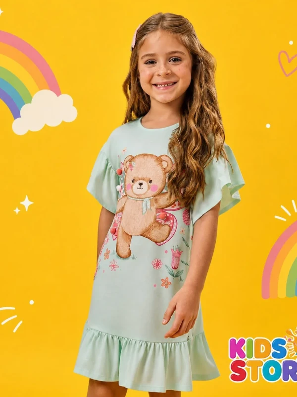 Vestido em meia malha verde com estampa de ursinha 94253