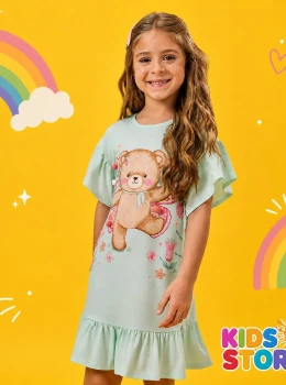 Vestido em meia malha verde com estampa de ursinha 94253